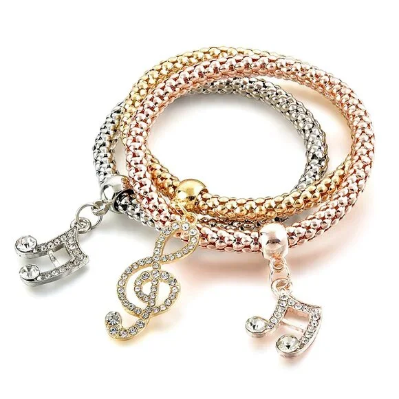 Tri-Tone Musical Charm Bracelet Set – Treble Clef & Notes - Picture 4 of 7
